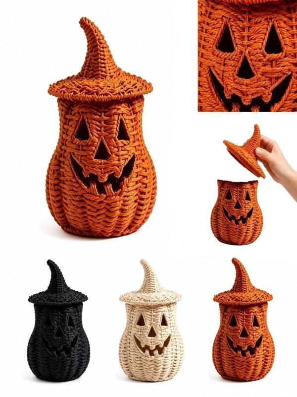 Lighted Halloween Table Centerpiece, Witch Hat Pumpkin Lamp, Black Woven Rattan Halloween Decor Indoor, Glowing Tabletop Decoration for Party Home