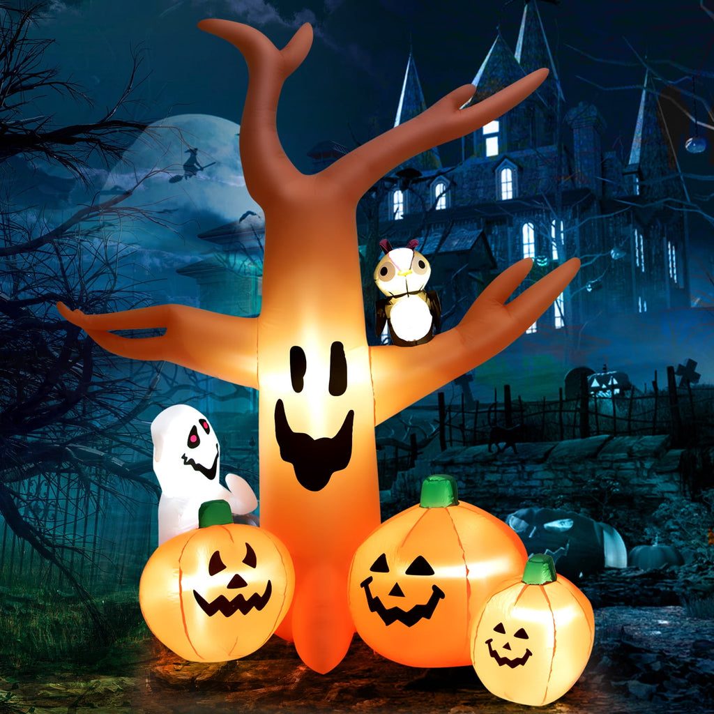 Topbuy 8FT Halloween Inflatable Decoration, Blow Up Dead Tree w/ Waterproof Air Blower Built-in LED Lights 2 Ropes & Stakes Holiday Decor w/ Ghost Owl Pumpkin for Yard Garden Lawn