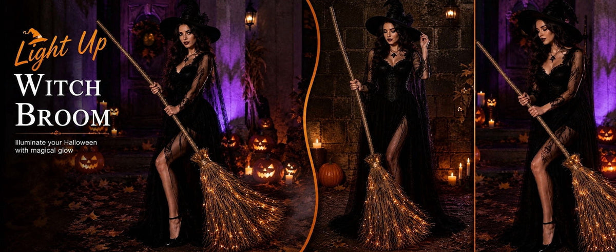 Halloween Light-Up Witch Decoration, Glowing Broomstick Prop with Built-in LED Lights, Sturdy Iron Frame for Indoor Outdoor Party Decor, Ready-to-Display Festive Accent for Haunted House