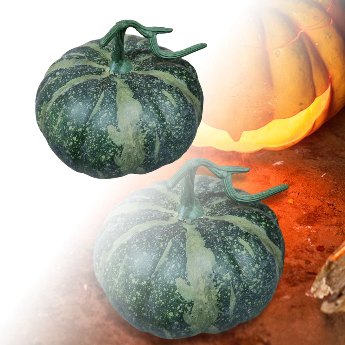 13.7" Halloween Foam Pumpkin Decorations, 2 Pack Artificial Pumpkins for Table Mantel Shelf Display, Fall Autumn Home Decor for Thanksgiving Party (Green)