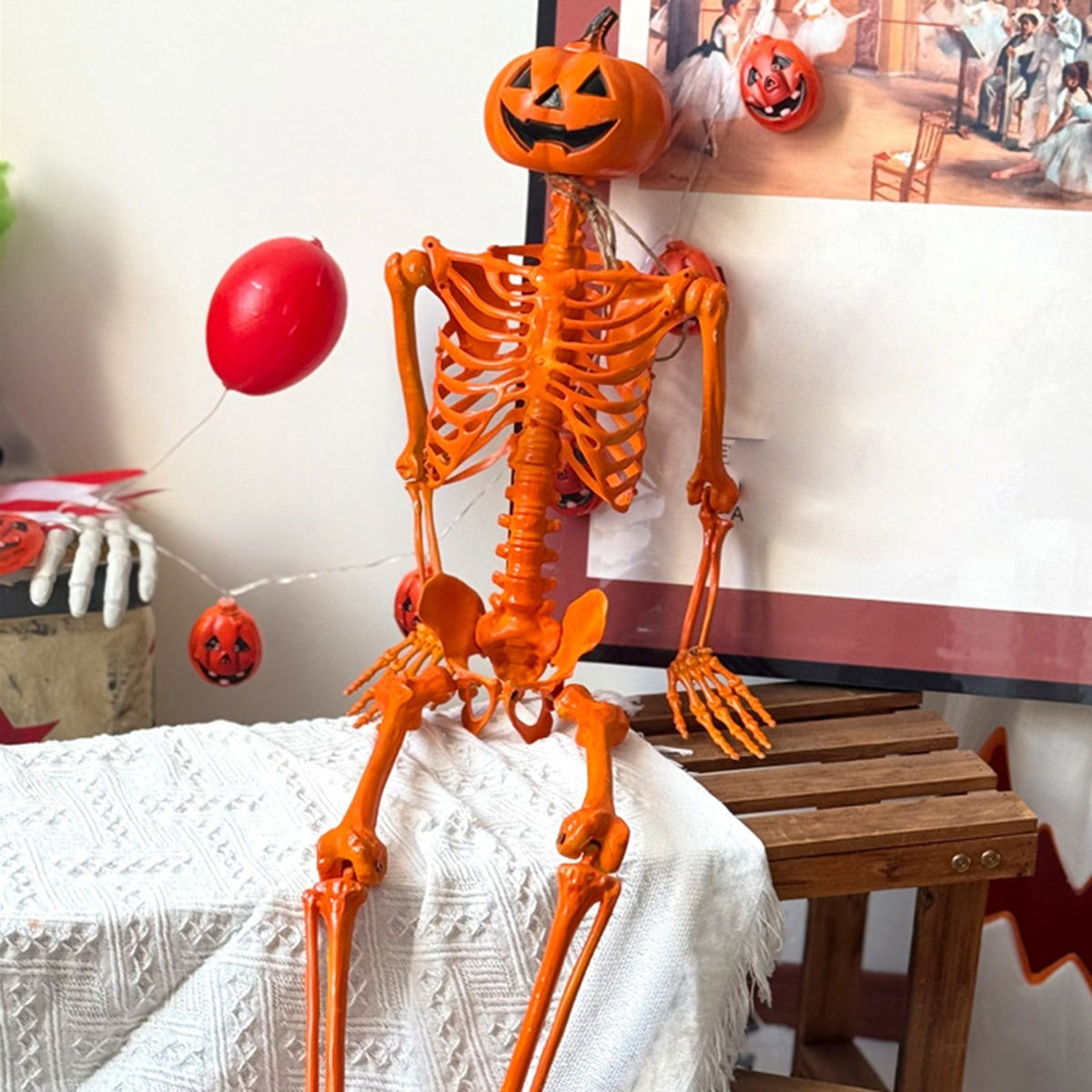 Jollyzo Halloween Pumpkin Head Skeleton Decor, 35.4" Scary Skeleton Craft Realistic Skeleton Hanging Decor, Orange Skull Pendant for Halloween Party Atmosphere