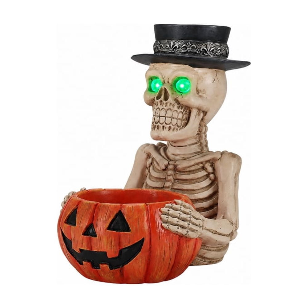 Halloween Skeleton Butler Floor Statue with Serving Tray & Black Cat, Resin Gothic Home Decor for Entryway Porch Living Room
