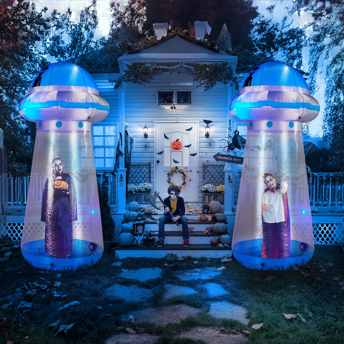 8.8 FT Halloween Inflatable UFO Yard Decoration with LED Lights Stand Inside Blow Up Decor