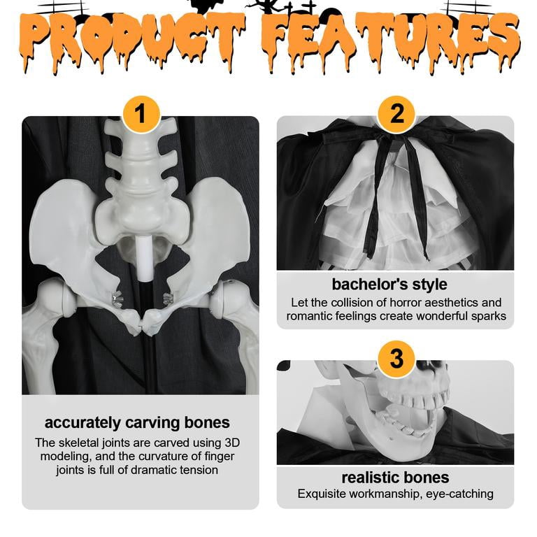 Floseru 65 Inch Halloween Skeleton Couple Set, Bride in Veil and Groom in Robe, Glowing Eyes, Poseable Joints, for Indoor Outdoor Decor