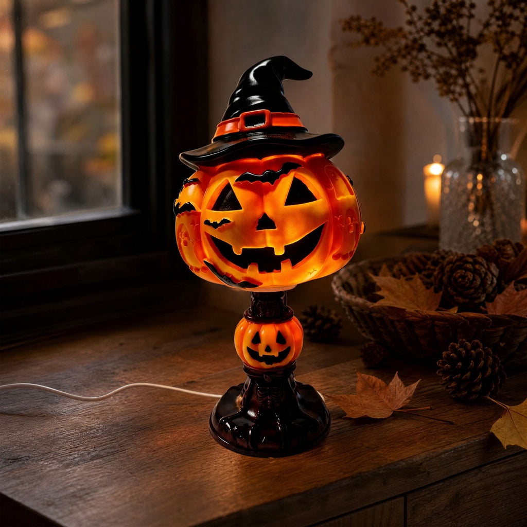 AZXY Halloween Stacked Lighted Pumpkin Figurine, Skeleton Cut‑Out Pumpkin Lamp, Spooky Holiday Floor Ornament, Halloween Yard Party Decoration for Porch Yard Living Room Use