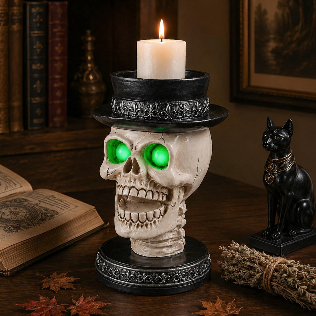 Halloween Ghost Statue with LED Glowing Eyes, Resin Ghost Figurine Tabletop Decor for Indoor Home, Mantel, Shelf, Entryway and Halloween Party Display