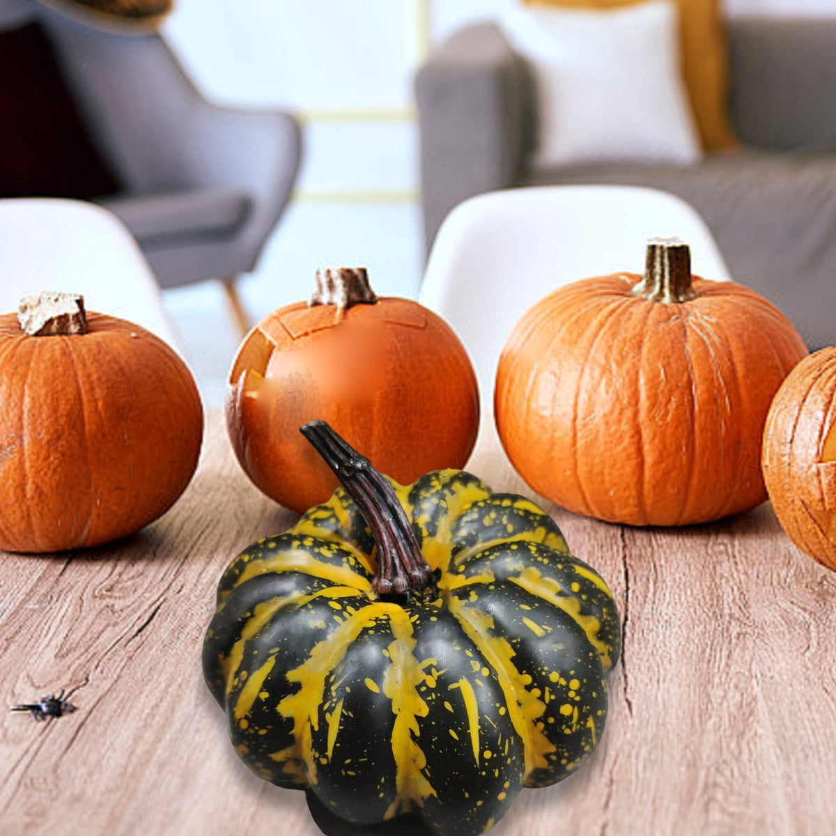 13.7" Halloween Foam Pumpkin Decorations, 2 Pack Artificial Pumpkins for Table Mantel Shelf Display, Fall Autumn Home Decor for Thanksgiving Party (Green)