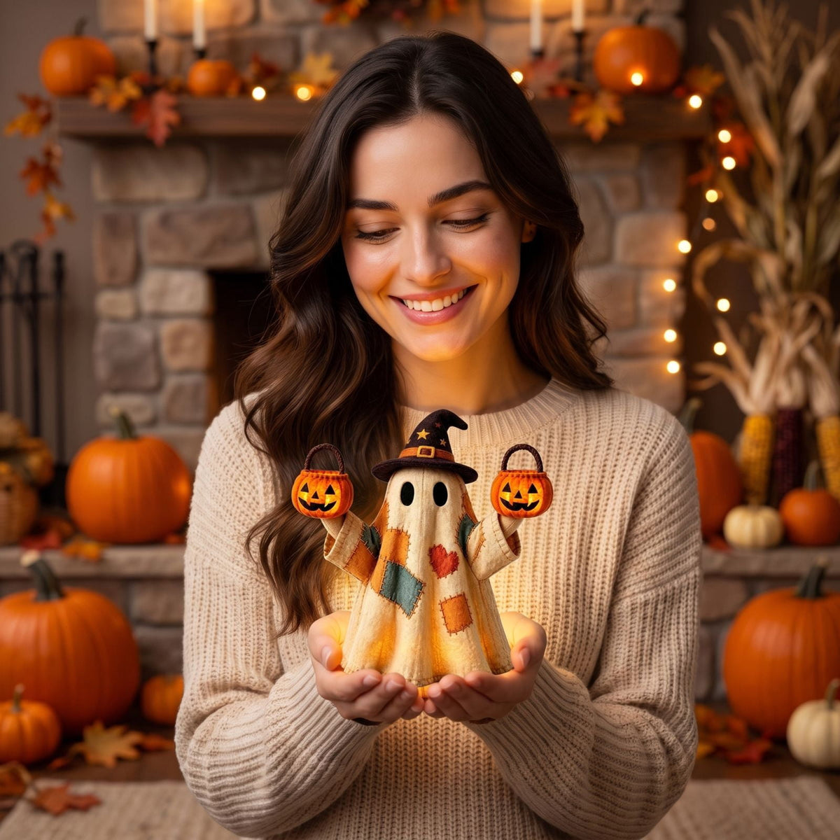 Halloween Decorations Outdoor, Lighted Hanging Ghost Decor with Witch Hat & Broom, LED Flying Ghost Decoration for Porch, Yard, Tree, Patio, Haunted House & Indoor Party 43.3in
