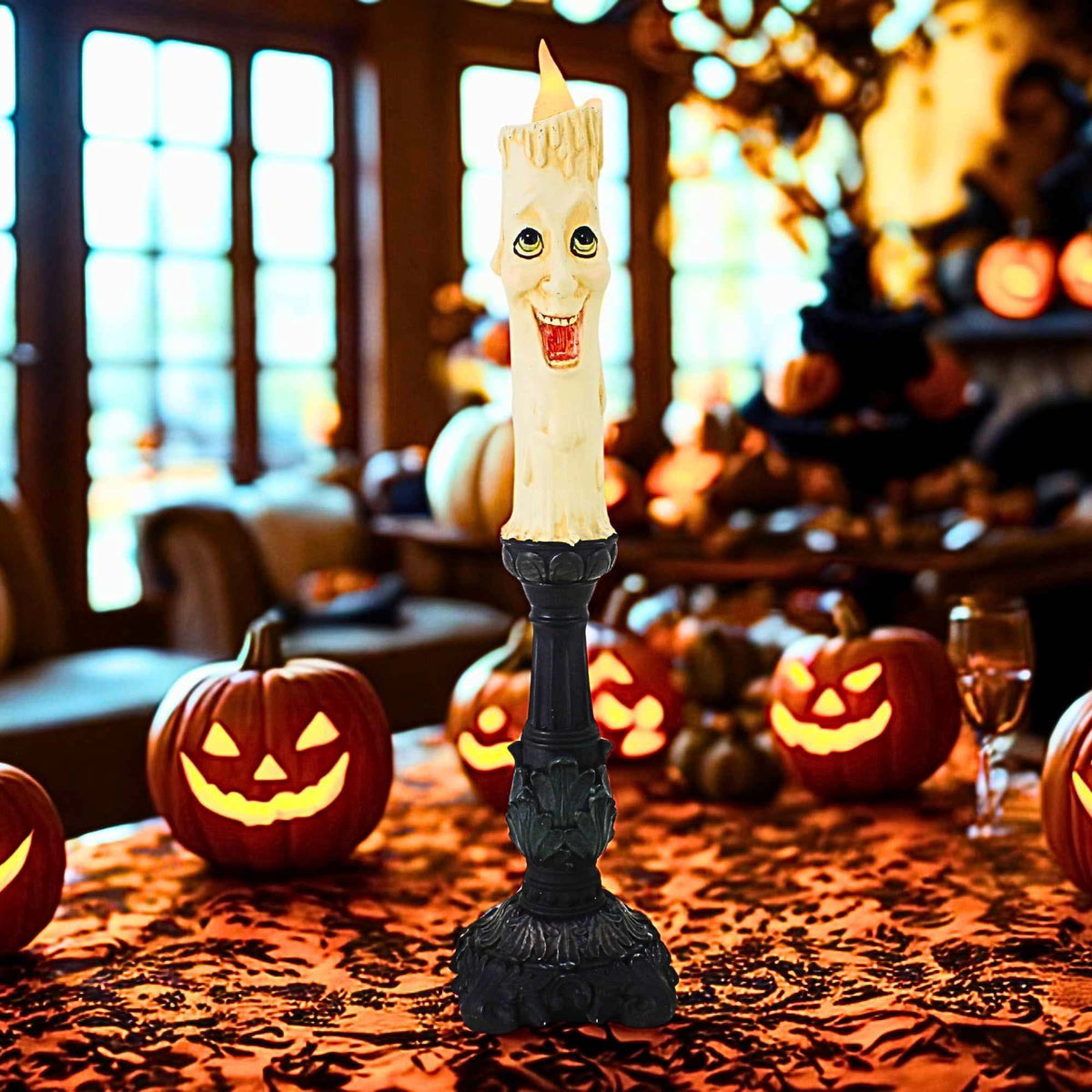 December Diamonds 17.00In 17 Inch Spooky Face Candlestick, Resin, Halloween Light 2930563
