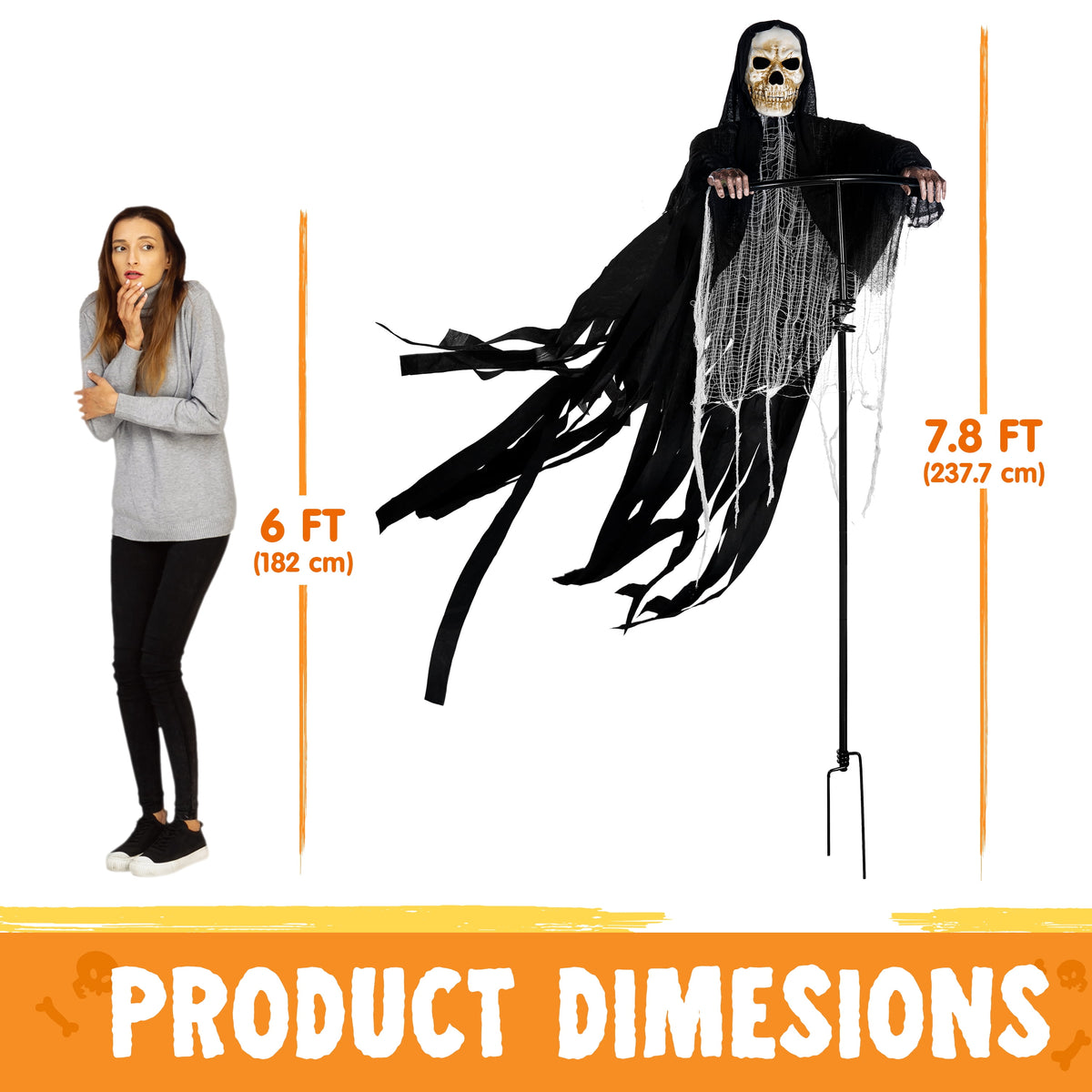 Joyfy 67"(5.6ft) Standing Grim Reaper with Chain, Large Halloween Decorations Outdoor, Life Size Animatronics Skelton, Sound-Actived Party Decor with Creepy Sound & LED Eyes, Scary Haunted House Prop