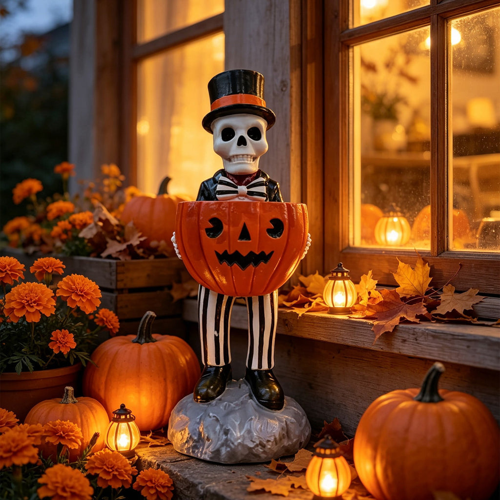 Halloween Decorations Skeleton Candy Bowl Statue Spooky Skull Top Hat Figurine Resin for Front Door Porch Mantel Entryway Table Home Party Decor