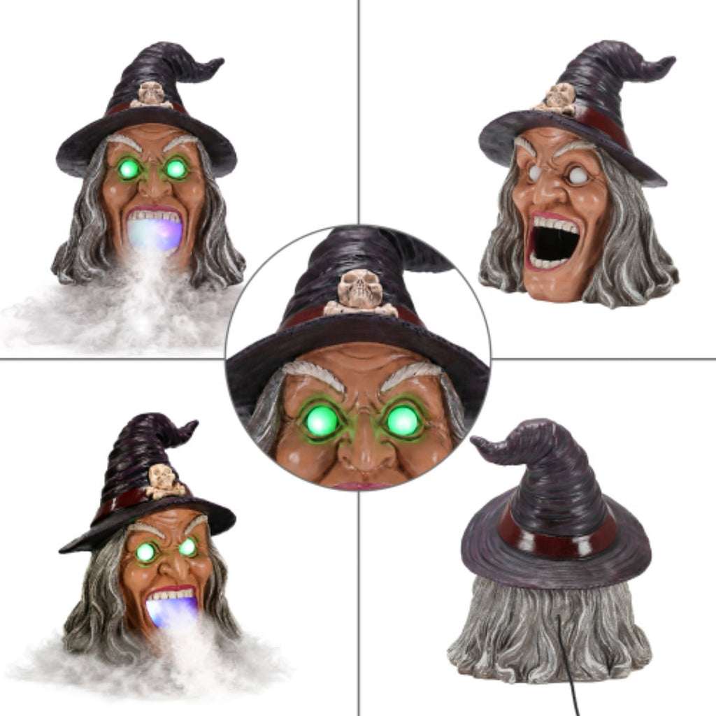 SpookHaven Halloween Jack‑O‑Lantern Pumpkin Mist Sprayer Figurine, LED Light‑Up Fogger with Witch Hat & Skull Decoration, Spooky Ornament for Tabletop Entryway Halloween Party Home Decor