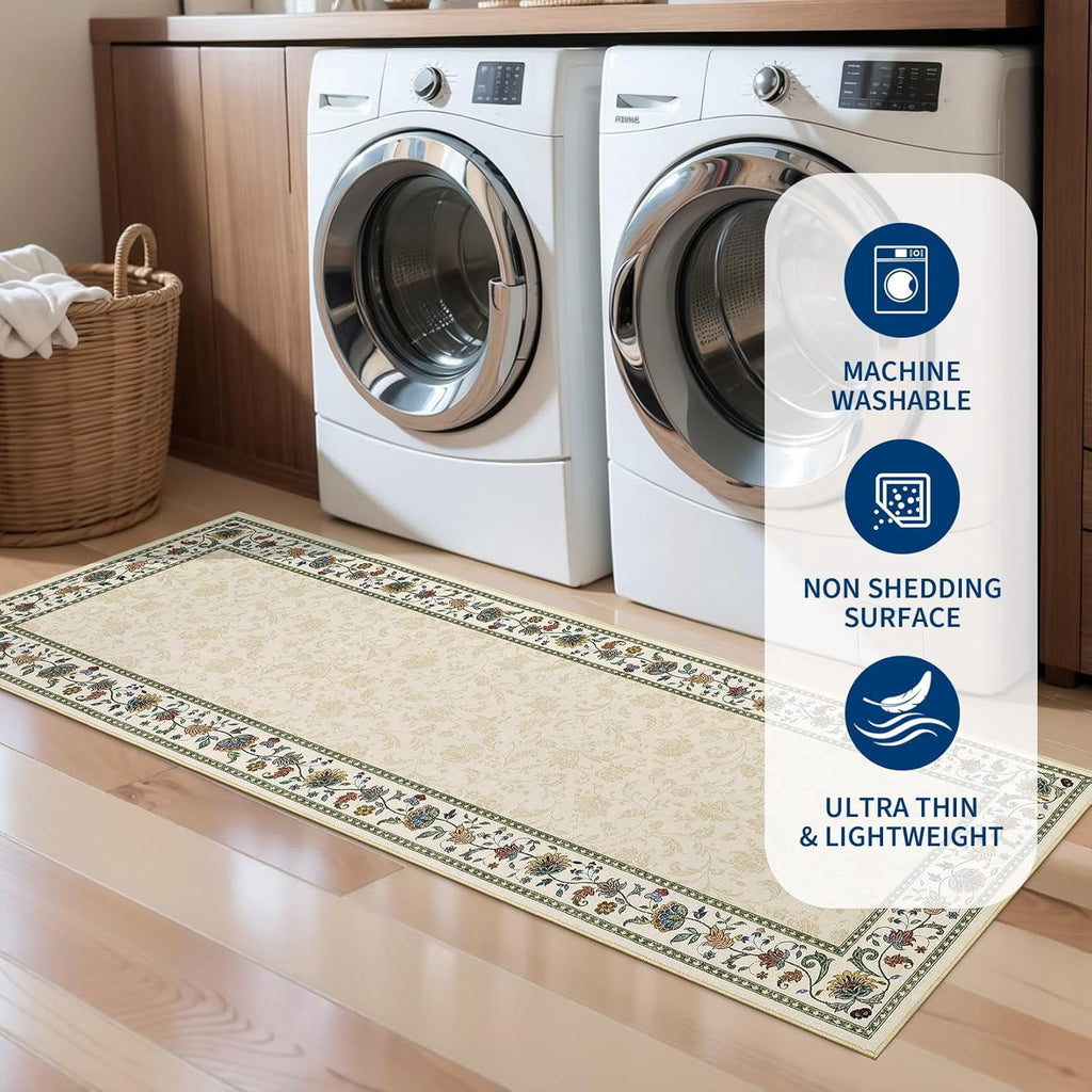 Large Living Room Rug 10x13 Non-Slip Floral Indoor Carpet Washable Floral Bordered Floor Mat Low Pile Non-Shedding Foldable Neutral Bedroom Rugs for Dining Room Nursery Home Office Red
