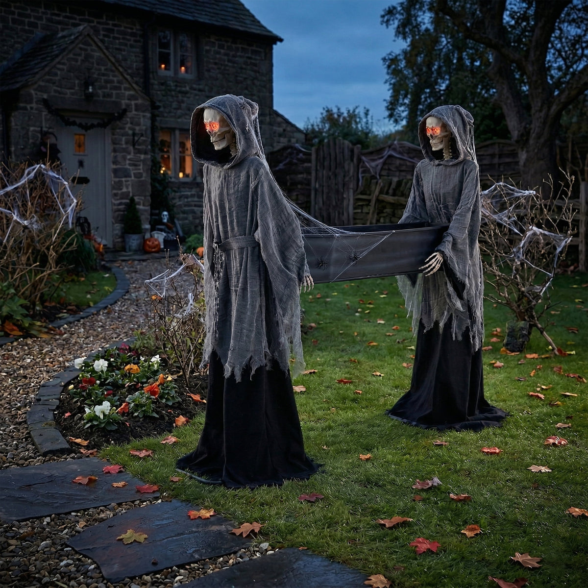 Way To Celebrate 5 ft LED Skeleton Reaper Duo Carrying Coffin Halloween Outdoor Decor
