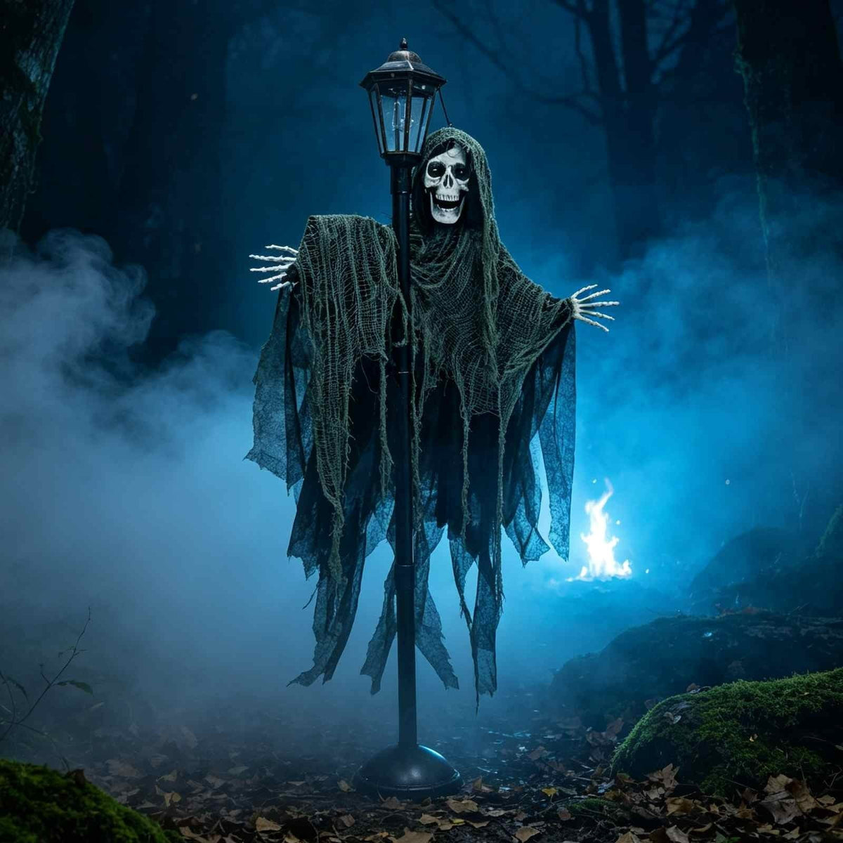 AMARHH Halloween Lighted Ghost Street Lamp Prop, 79 x 39 x 2 Inch, Glowing Skeleton Grim Reaper Yard Decor with Tattered Robes, Spooky Outdoor Party Haunted House Prop