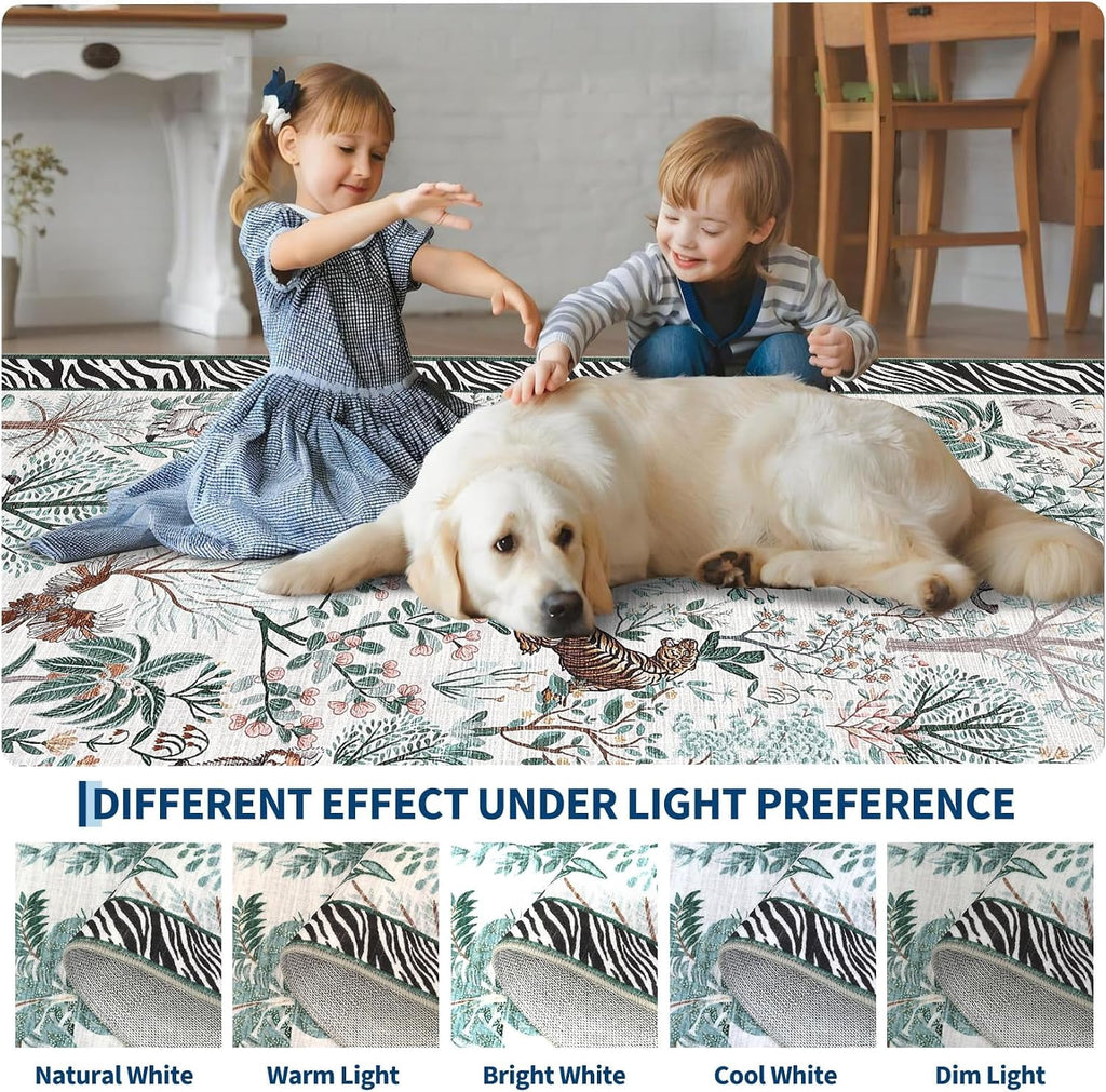 Large Jungle Animal Living Room Rug 10x13 Washable Forest Indoor Rugs for Bedroom Non Slip Foldable Low Pile Modern Floor Mat Stain-Resistant Neutral Carpet for Kids Playroom Dorm Nursery Black