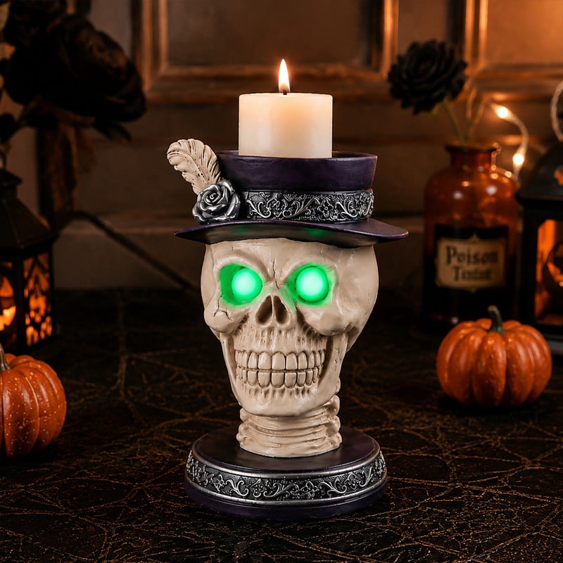 Halloween Resin Skull Candle Holder Figurine with LED Glowing Green Eyes, Skeleton Head Statue with Feather Top Hat, Spooky Tabletop Halloween Party Decor