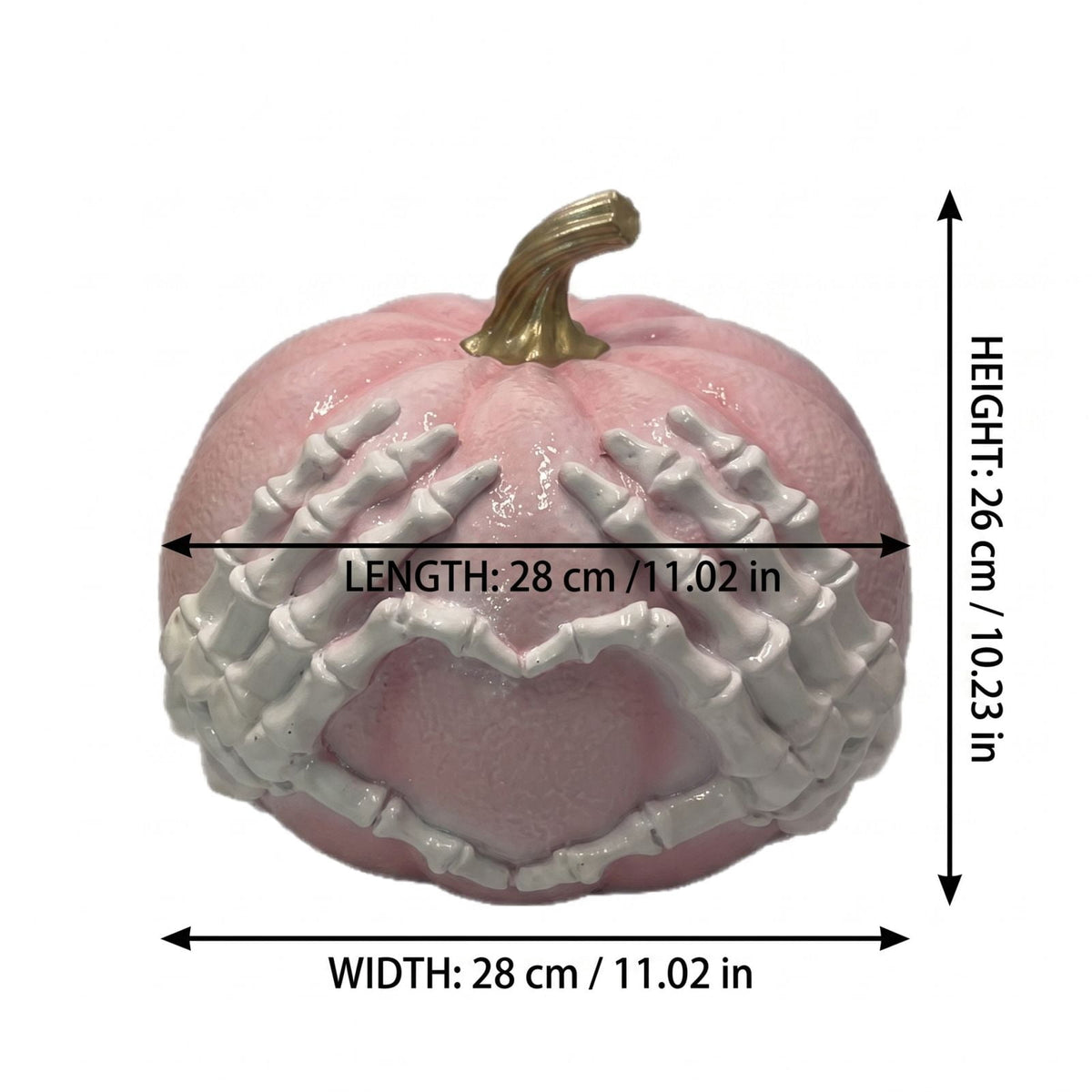 XHKUYI Halloween Skeleton Hands Heart Pumpkin Statue 11 inch, Gothic Pastels Resin Pumpkin Figurines, for Halloween Home Mantel Party Shelf Decors