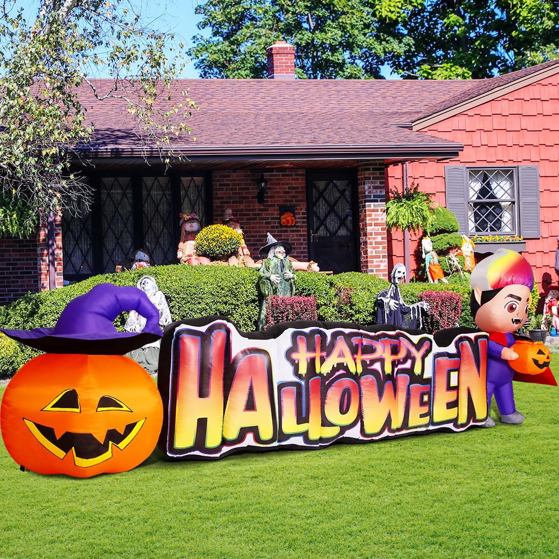 GOOSH Halloween Inflatables 11.5 FT Long Vampire With Pumpkin, Outdoor Halloween Inflatables Halloween Blow Ups with LED Lights, Funny Halloween Decorations Inflatables for Halloween Holiday Party