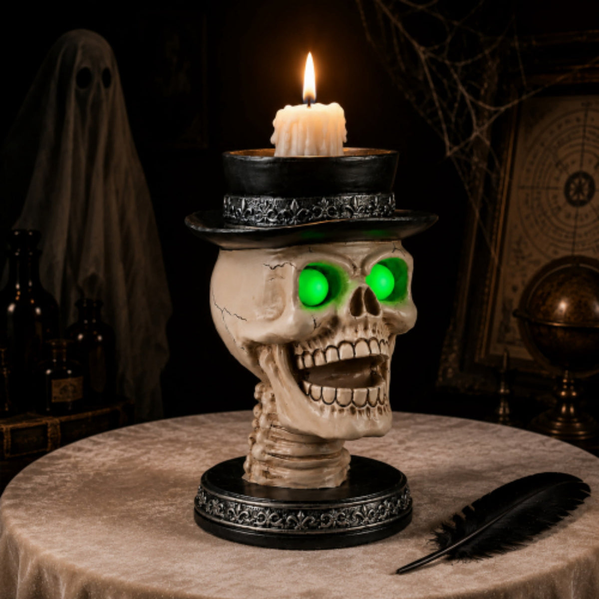 SpookHaven Halloween Jack‑O‑Lantern Pumpkin Mist Sprayer Figurine, LED Light‑Up Fogger with Witch Hat & Skull Decoration, Spooky Ornament for Tabletop Entryway Halloween Party Home Decor