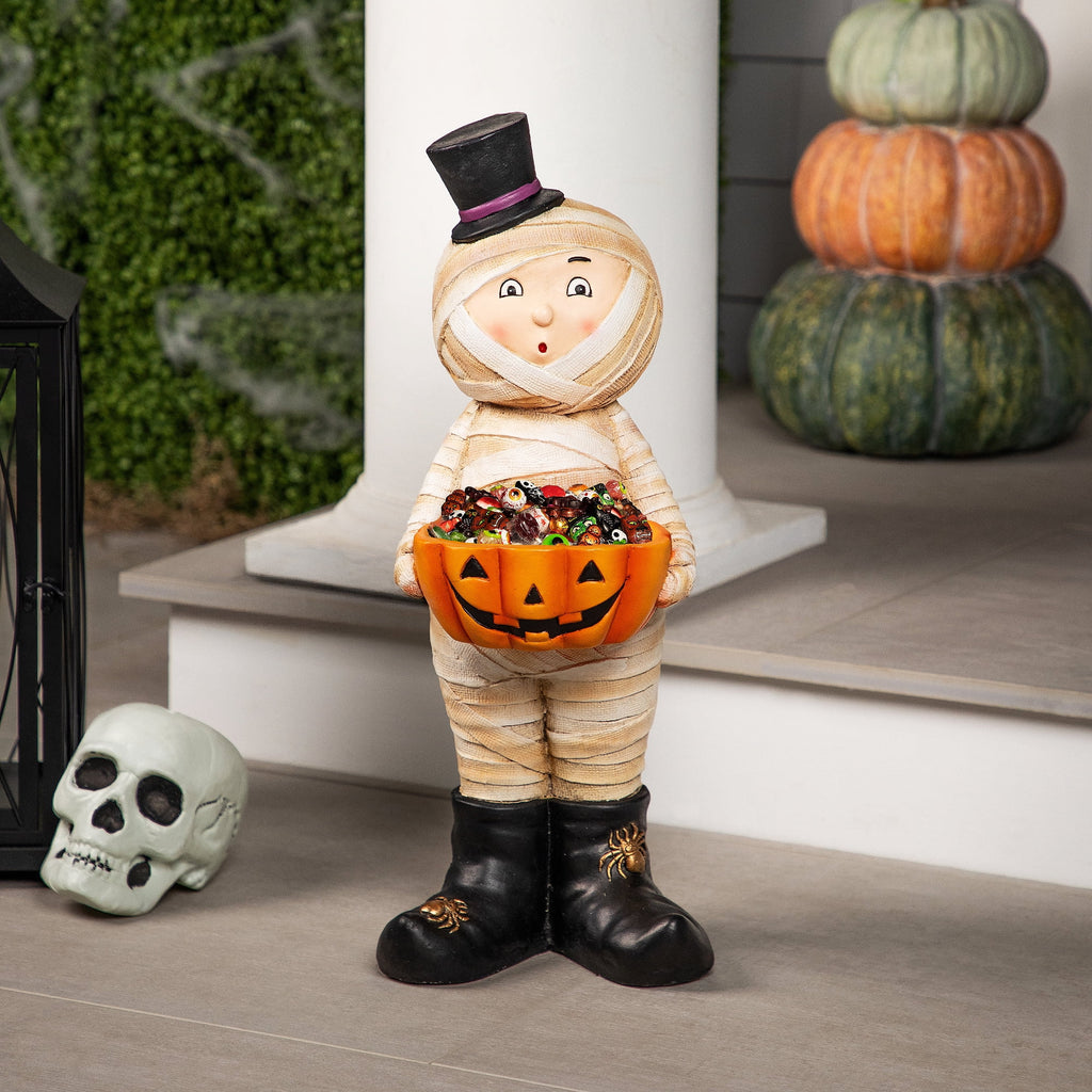 Northlight Mummy in Top Hat Holding Jack-O-Lantern Candy Dish Halloween Decoration - 23"