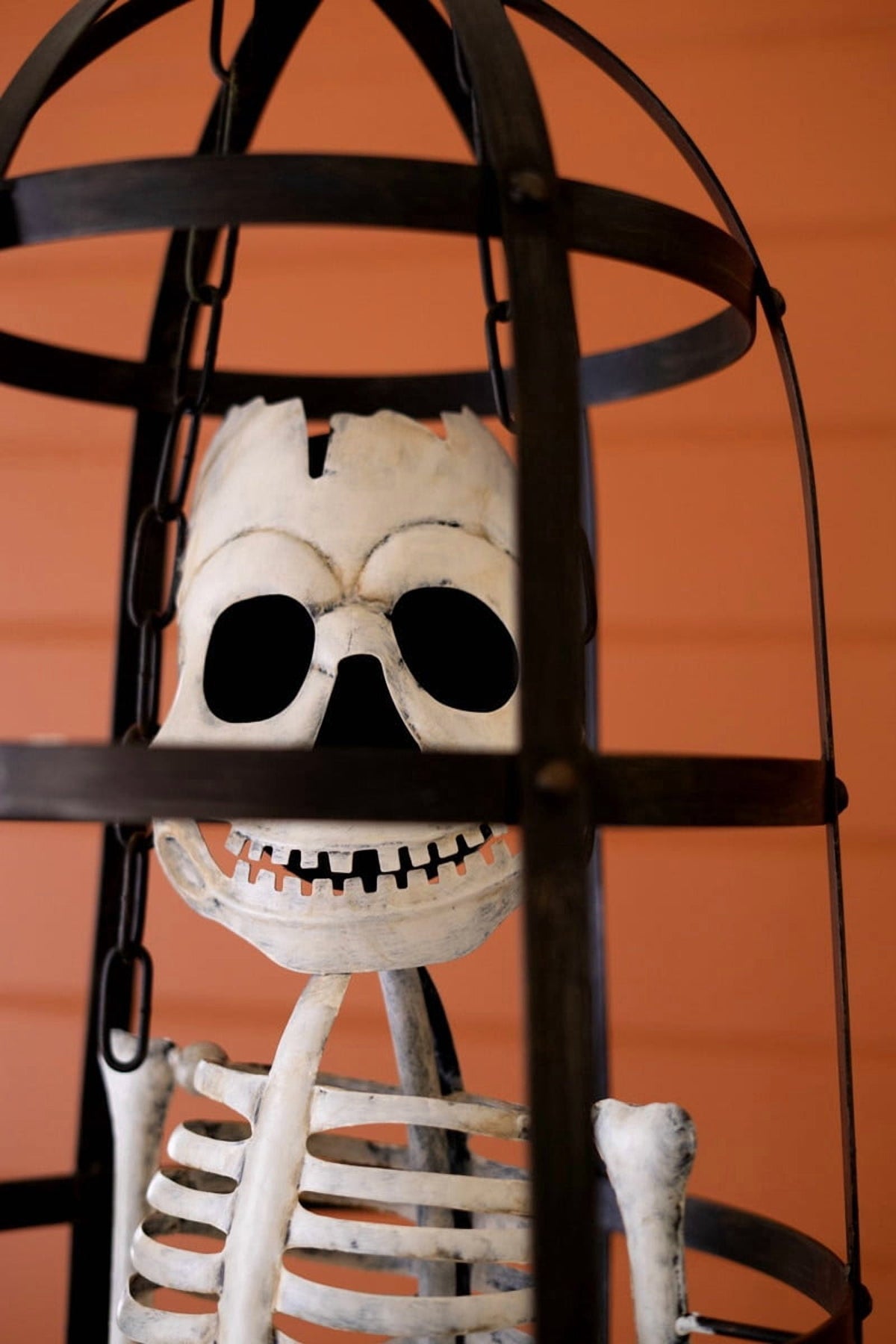 Kalalou Halloween Skeleton in a Cage – Oversized Iron Sculptural Haunted Décor