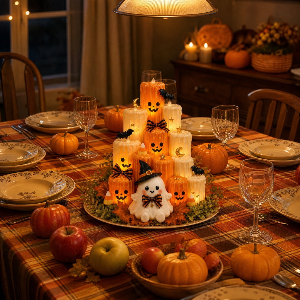 Gaecuw Halloween Ghost Pumpkin LED Candle 3D Printed Tiered Tabletop Decor for Spooky Mantel, Thanksgiving Centerpiece, Flickering Glow, Multicolor