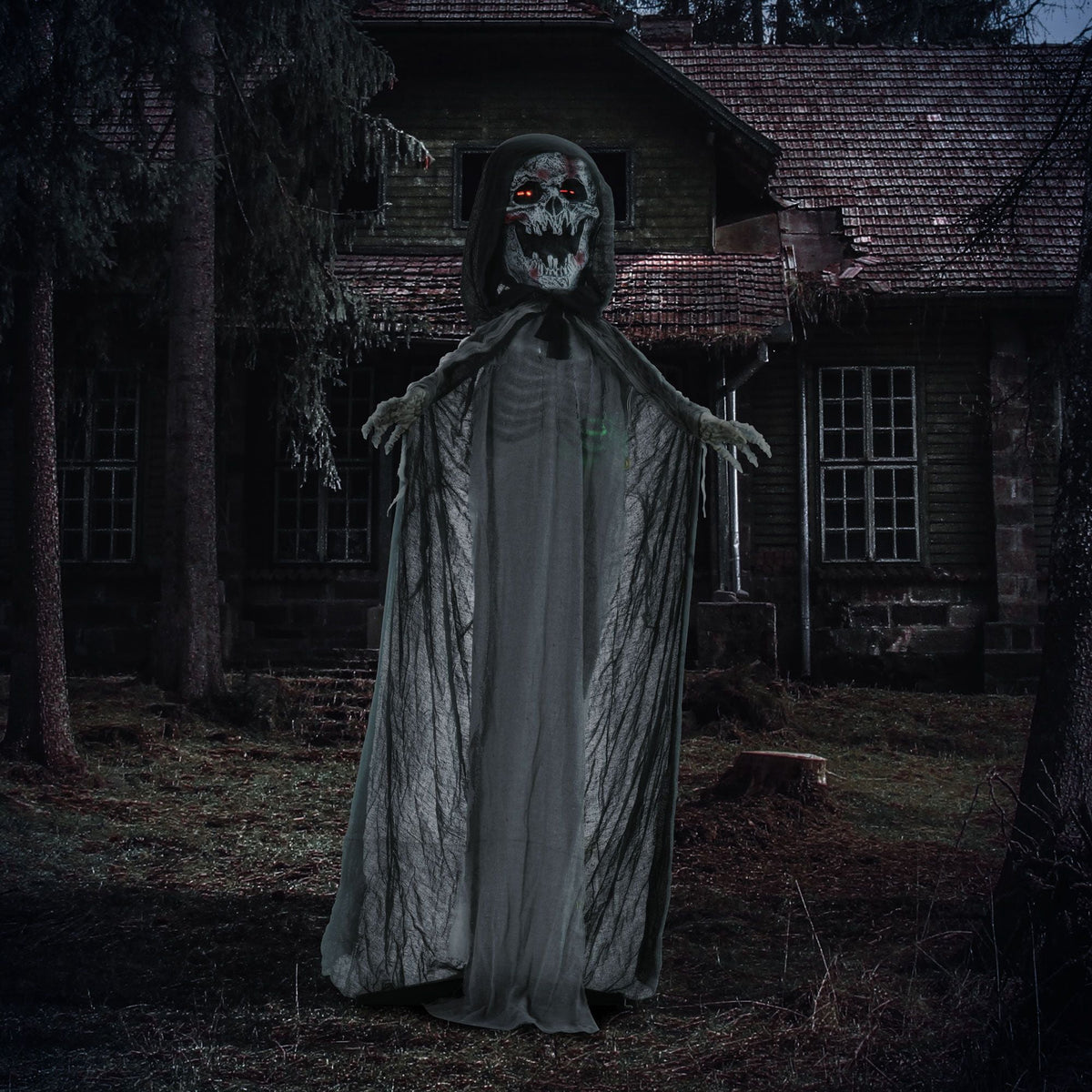 Halloween Decoration Animatronic Skeleton Witch, 74-Inch Motion Activated Outdoor Prop with Sound and Light, Grey Polyester