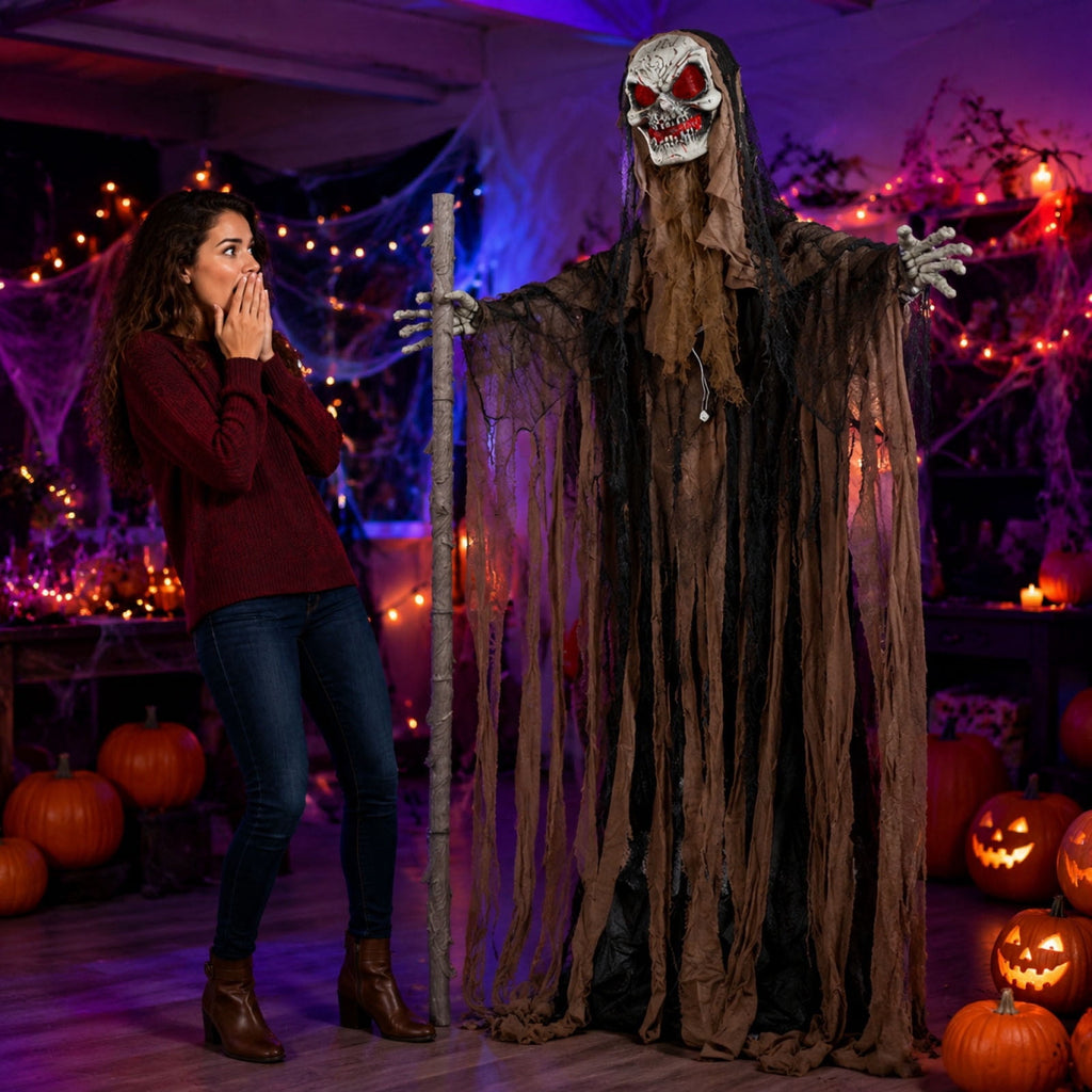 Voglyf Life-Size Scary Poseable Talking Witch 5.6FT, Red LED Glowing Eyes Scary Hag Prop with Wooden Staff, Tattered Gray Cloth Robe Witch for Front Yard Porch Haunted Spooky Party Decor