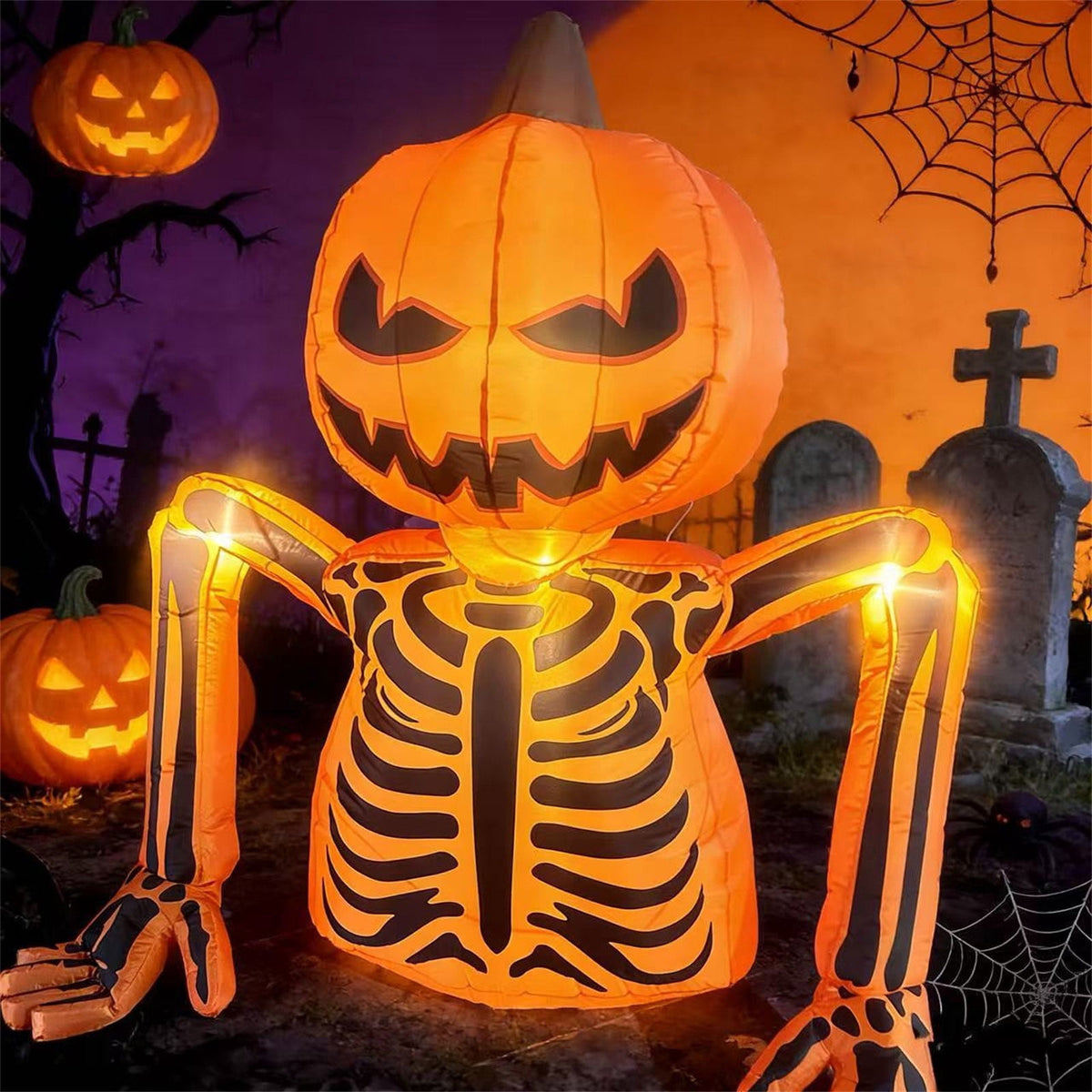 6ft Halloween Inflatable Skull Pumpkin with Built-In Lights, Glowing Outdoor Yard Decoration for Lawn, Porch, Garden, Haunted House, Party and Seasonal Night Display, Multicolored