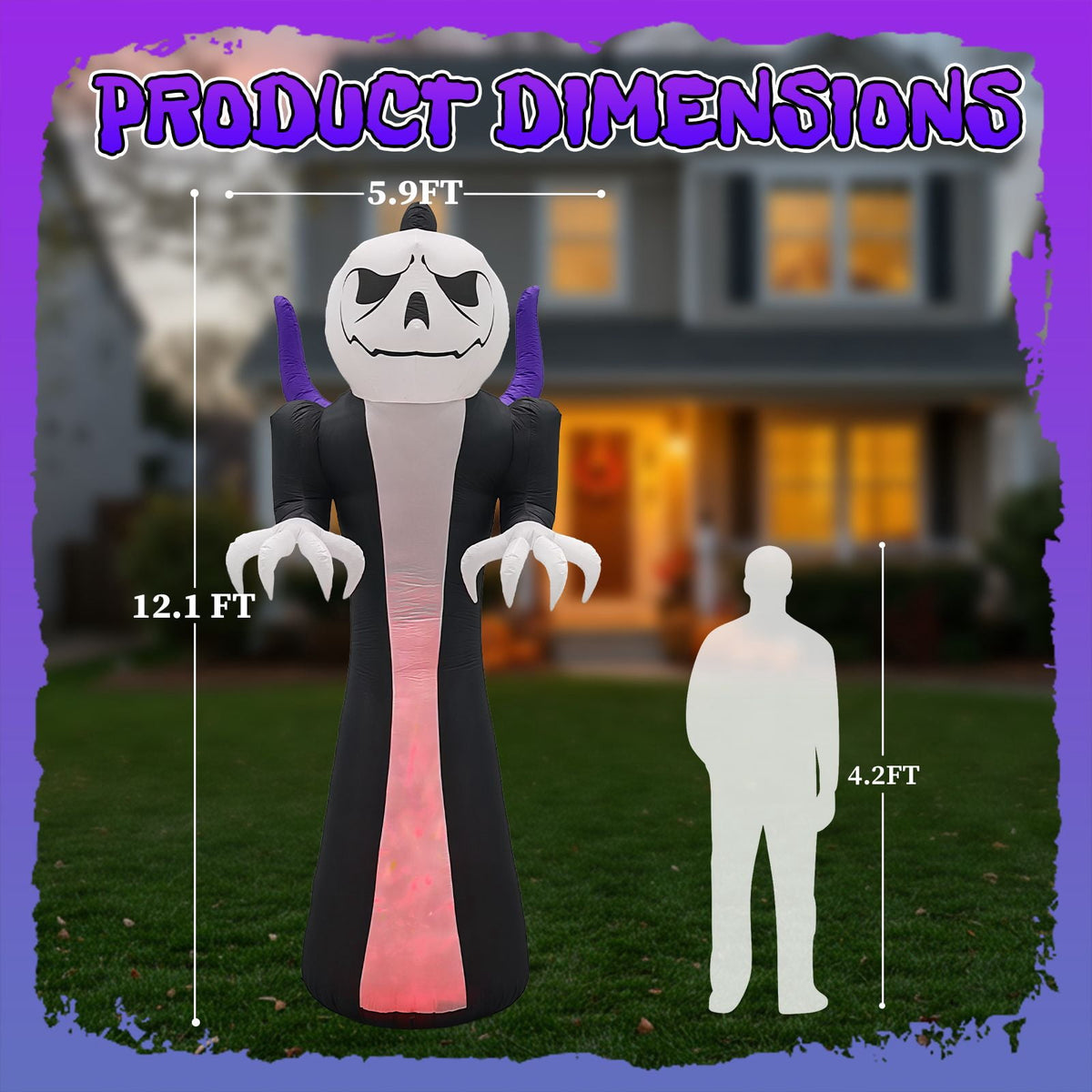 12FT Inflatable Grim Reaper with Jack-O-Lantern Pumpkin Head 3-Color Flame LED Halloween Yard Decor