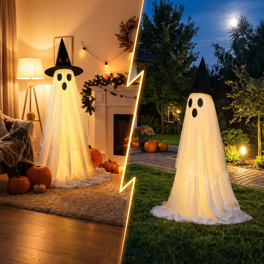 2 Pack Light Up Standing Tulle Ghost Halloween Decorations with Witch Hat, Warm LED Fairy Light Ghost Yard Stakes, Spooky Cute Ghost Outdoor Lawn Porch Mantel Home Halloween Party Decor