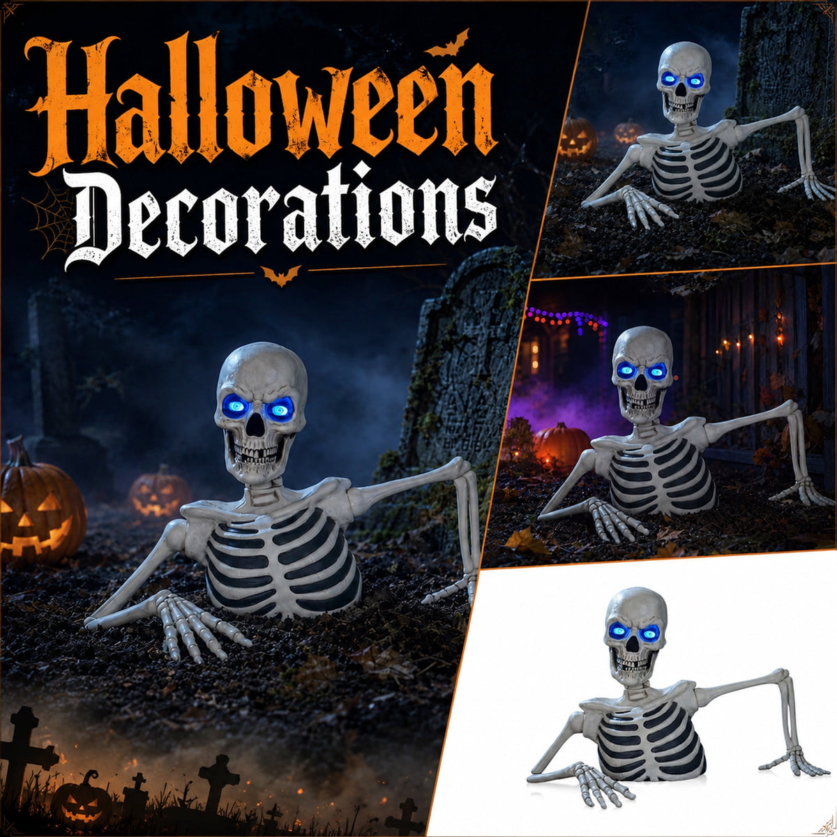 11.8in Halloween Groundbreaker Skeleton Light Up Blue Eyes Lighted Skeleton Bust Prop Outdoor Yard Graveyard Novelty Gift Decor