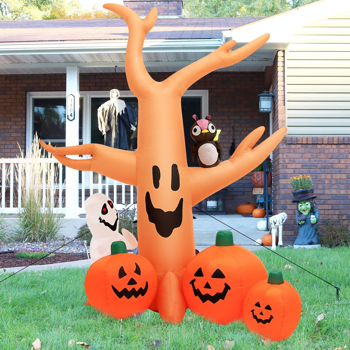 Topbuy 8FT Halloween Inflatable Decoration, Blow Up Dead Tree w/ Waterproof Air Blower Built-in LED Lights 2 Ropes & Stakes Holiday Decor w/ Ghost Owl Pumpkin for Yard Garden Lawn