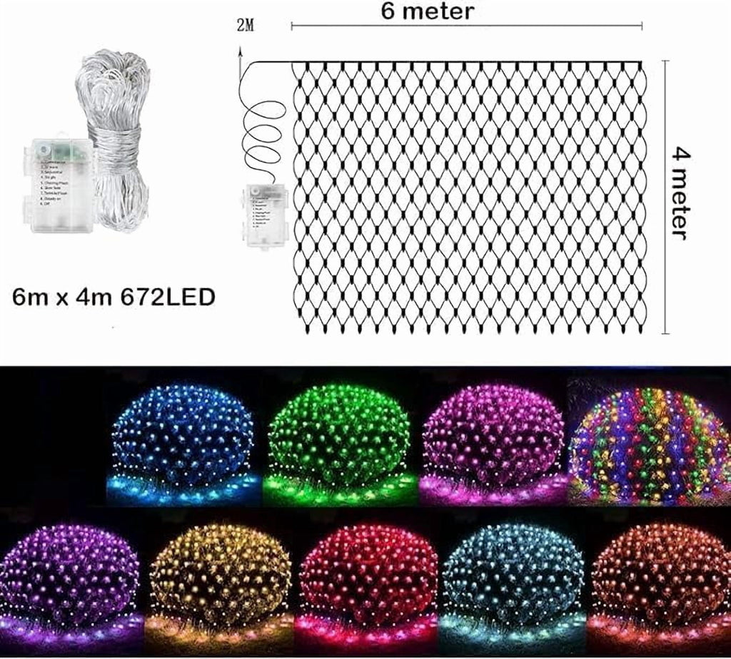 Garden Net Lights Battery Operated, 4mx6m 672LEDMesh Fairy String Lights Fairy Net Lights 8 Modes Waterproof Net Mesh String Lights for Garden Balcony Decor