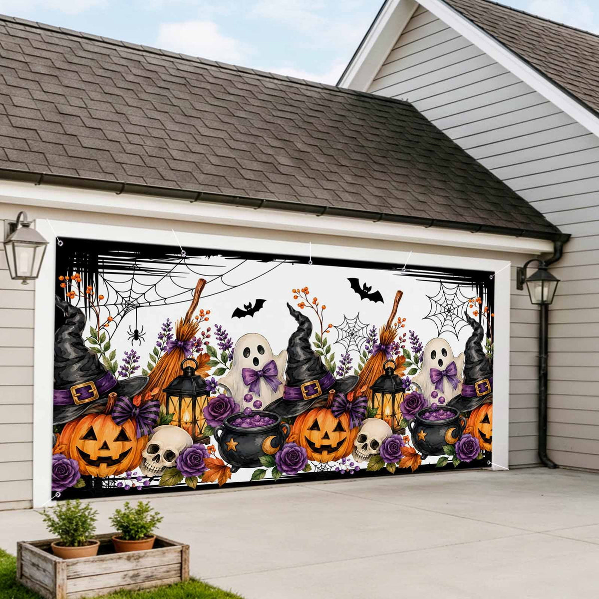 Halloween Garage Door Banner Cover 7 x 16 ft Fall Fantasy Ghosts Wizard Hats Lanterns Bubbling Potions Garage Door Decoration Hanging Garage Door Cover Backdrop Wall Decoration for Outdoor Home Party