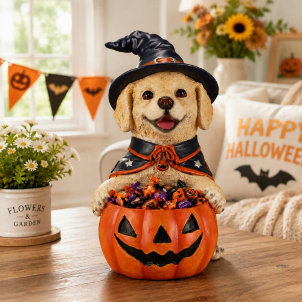 SpookHaven Halloween Jack‑O‑Lantern Pumpkin Mist Sprayer Figurine, LED Light‑Up Fogger with Witch Hat & Skull Decoration, Spooky Ornament for Tabletop Entryway Halloween Party Home Decor