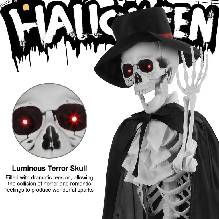 Floseru 65 Inch Halloween Skeleton Couple Set, Bride in Veil and Groom in Robe, Glowing Eyes, Poseable Joints, for Indoor Outdoor Decor