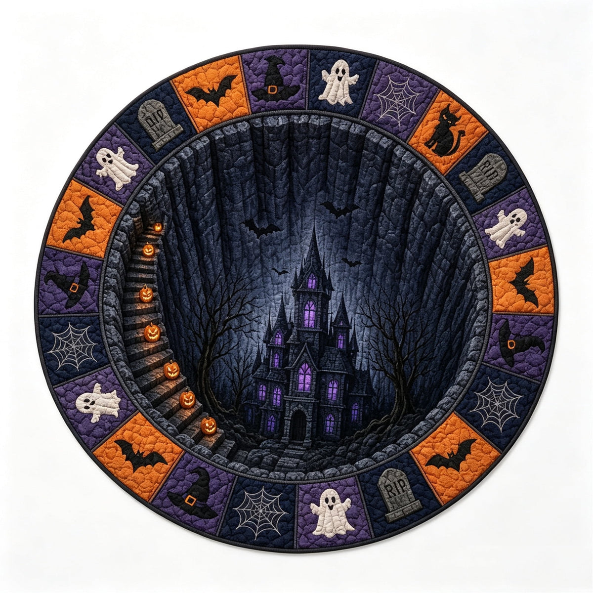 3D Round Halloween Doormat Set – Witch Hat Black Cat & Pumpkin Skull Design, Non-Slip Polyester Entry Mat For Indoor/Outdoor, Spooky Cute Fall Decor, Perfect Gift For Halloween Lovers (72X72")