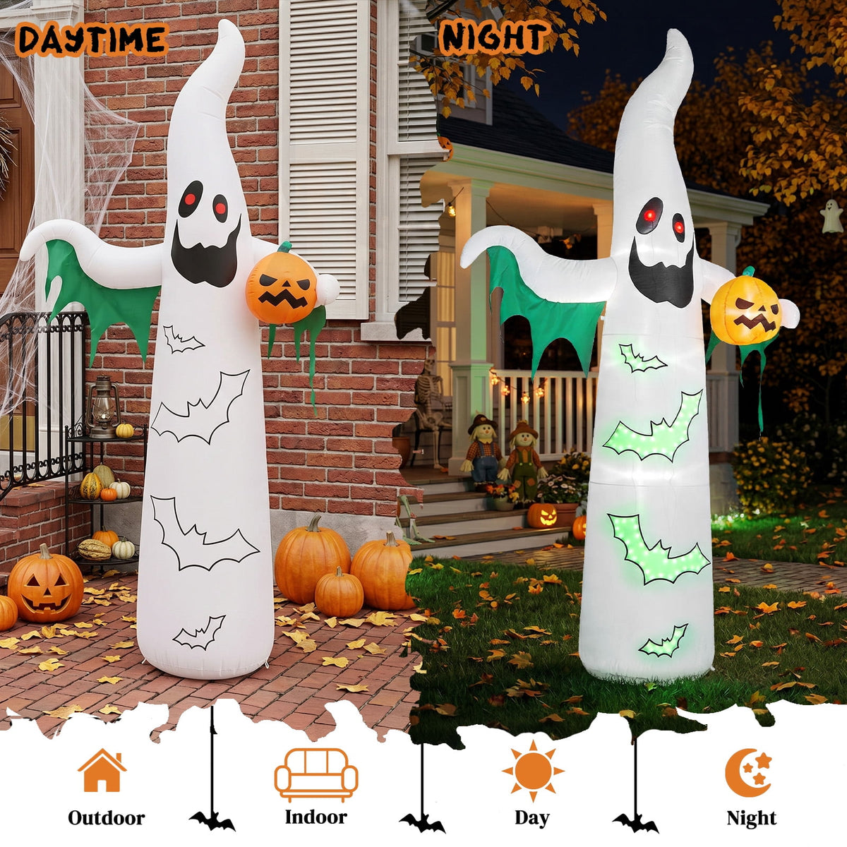 12ft Halloween Inflatable Ghost Bat Ornament with 4 LED Lights 82 String Lights