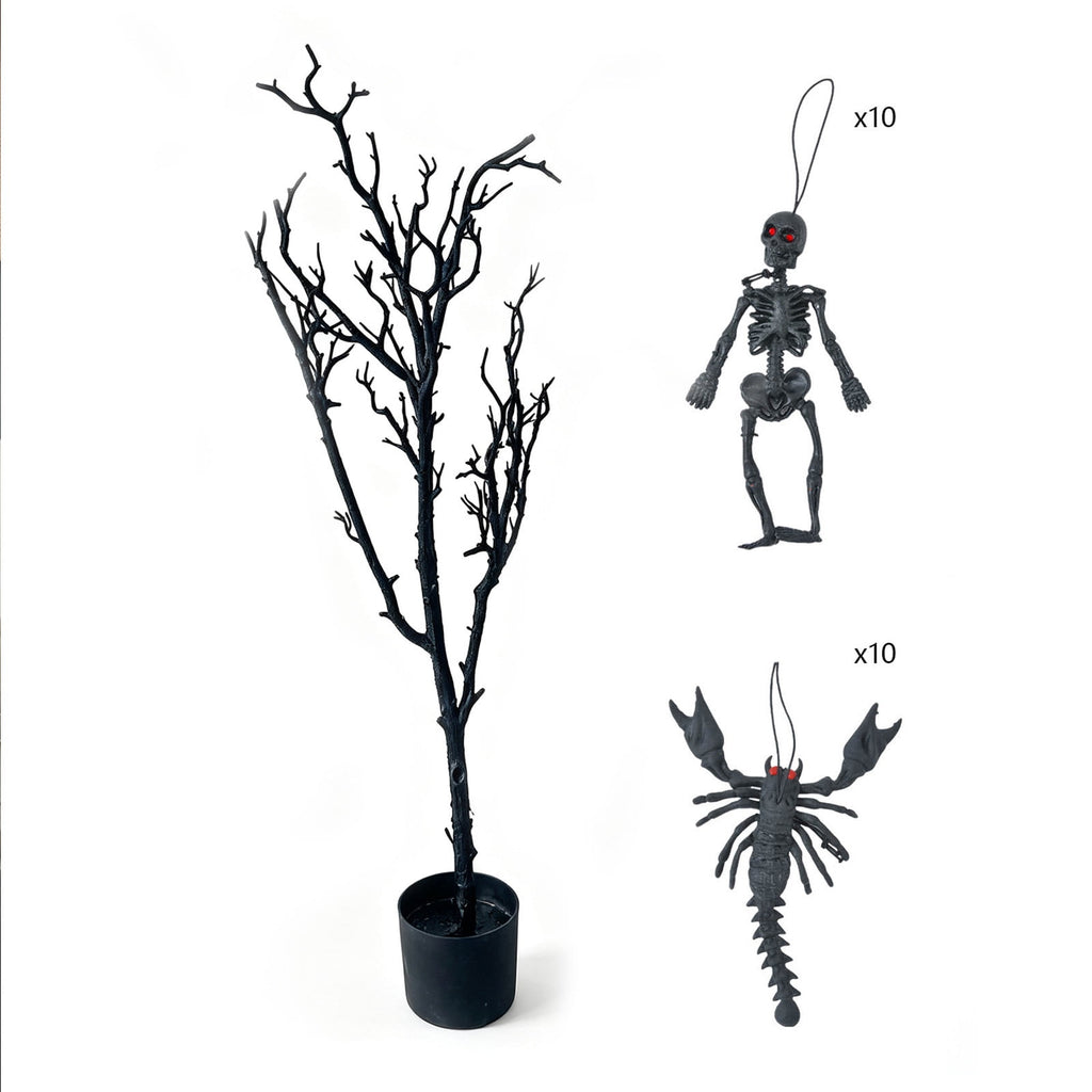 Halloween Potted Dead Tree with Hanging Skeletons, 39 Inch Spooky Tabletop Decor, Creepy Scorpion Skull Ornaments, Haunted House Party Centerpiece