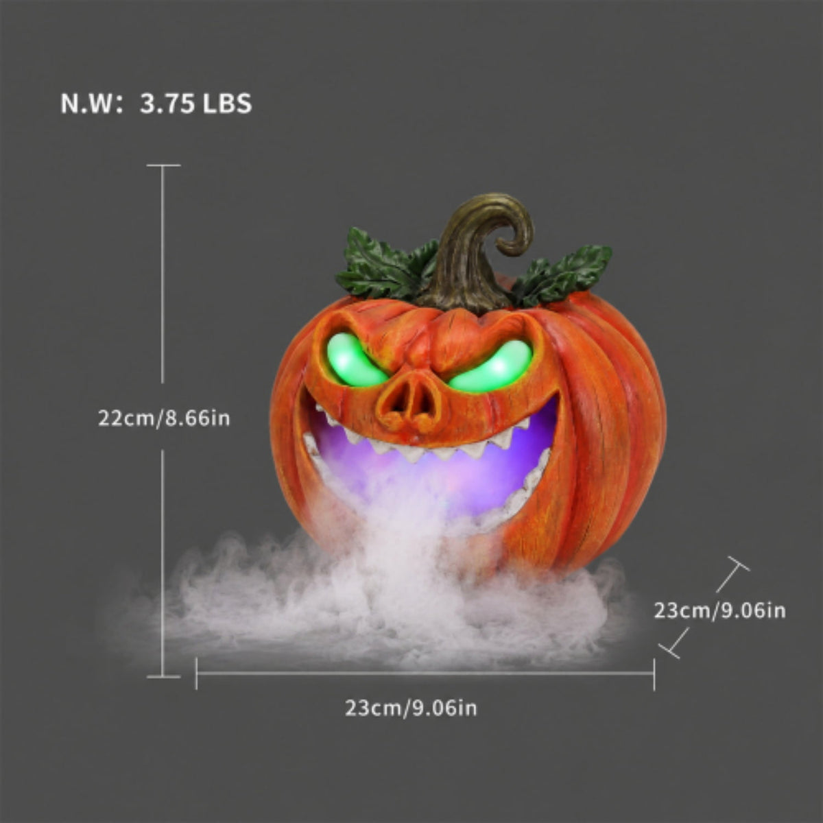 SpookHaven Halloween Jack‑O‑Lantern Pumpkin Mist Sprayer Figurine, LED Light‑Up Fogger with Witch Hat & Skull Decoration, Spooky Ornament for Tabletop Entryway Halloween Party Home Decor
