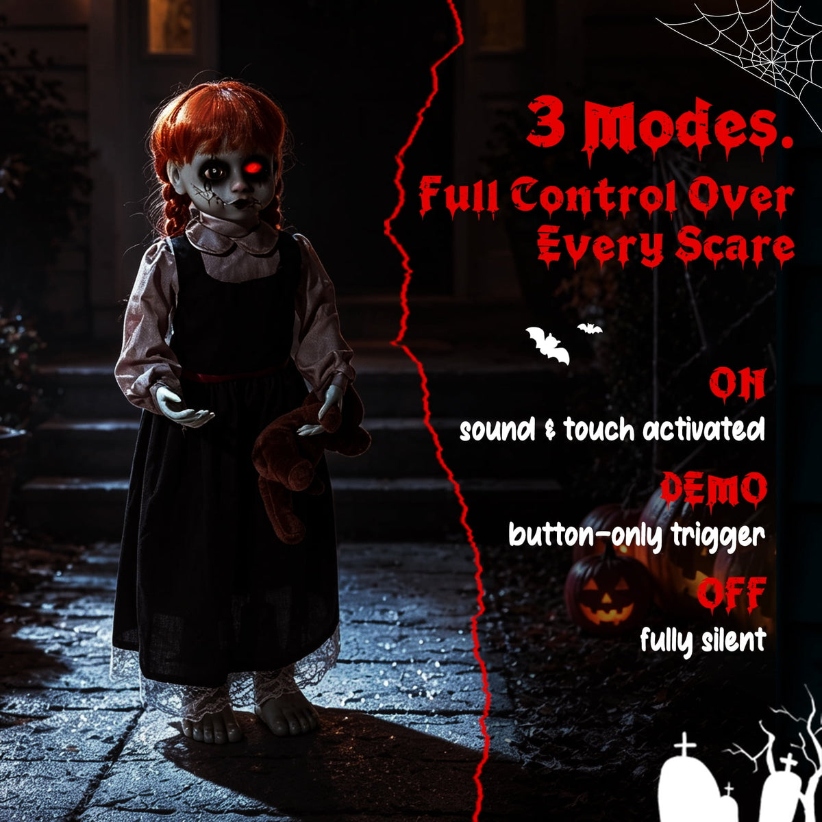 Halloween Decor Animatronic Prop Areker 35in Haunted Little Girl, Touch & Sound Activated Scary Ghost Doll with Red LED Glowing Eye, Outdoor Indoor Horror Decor with Stable Sand Weight Base