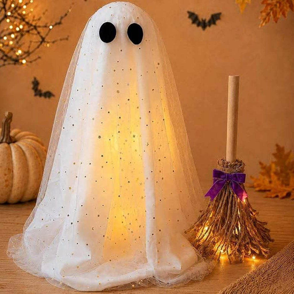 2 Pack Light Up Standing Tulle Ghost Halloween Decorations with Witch Hat, Warm LED Fairy Light Ghost Yard Stakes, Spooky Cute Ghost Outdoor Lawn Porch Mantel Home Halloween Party Decor