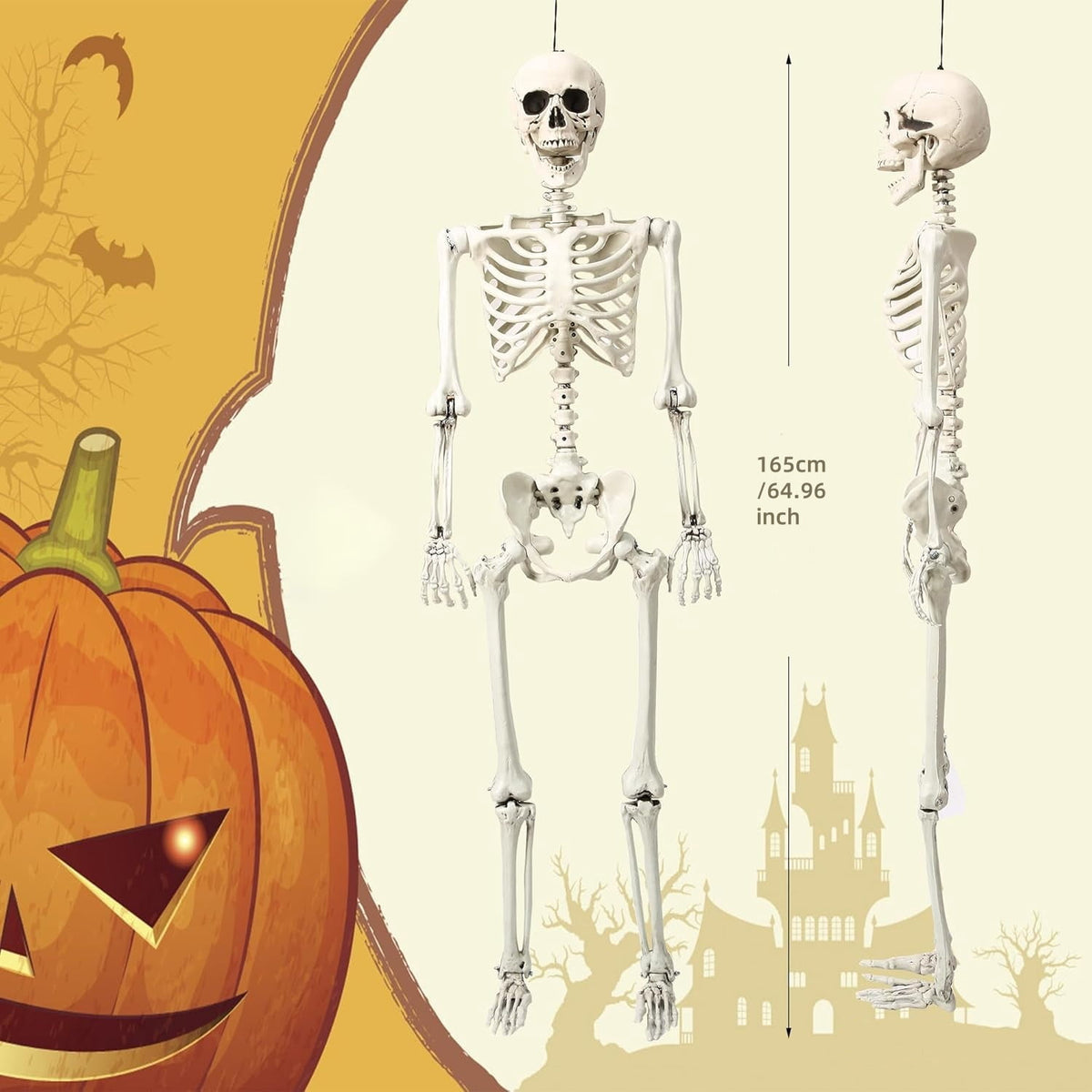 5.5ft Halloween Skeleton, Tall Outdoor Skeleton with Full Body Posable Joints, Scary Plastic Large Skeleton for Halloween Haunted House Spooky Scene Decorations
