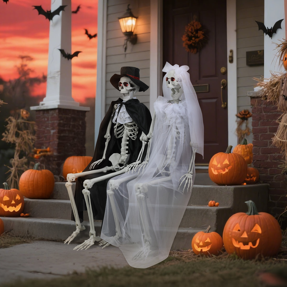 Thehsnt 65" Posable Skeleton Couple - Life Size Halloween Bride & Groom with Movable Joints