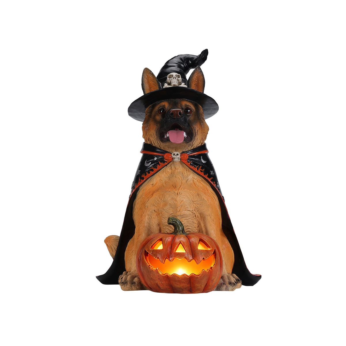 A7Store Halloween Golden Retrieve Dog Indoor Outdoor Porch Statue with Lighted Pumpkin, Pink Witch Hat and Cape