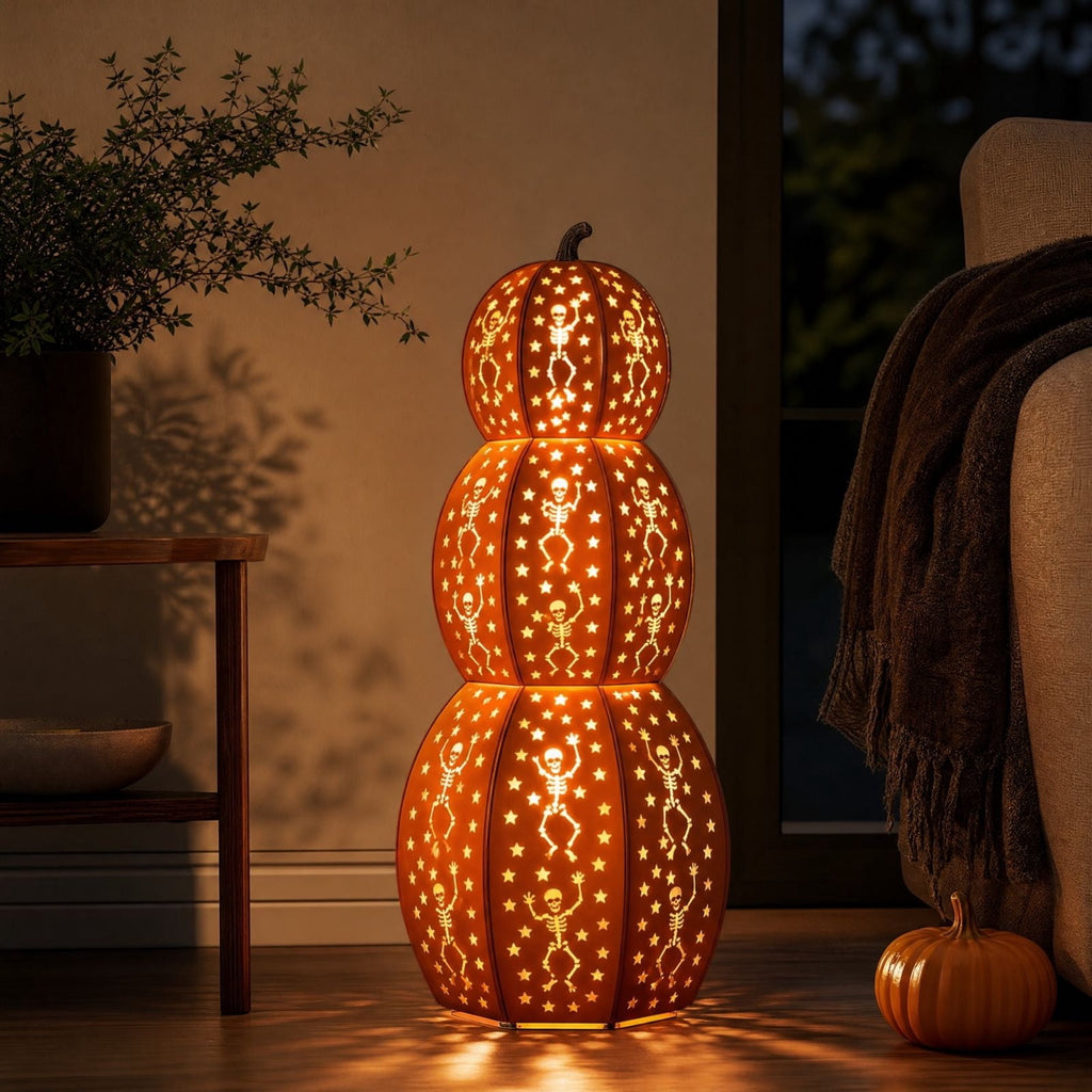AZXY Halloween Stacked Lighted Pumpkin Figurine, Skeleton Cut‑Out Pumpkin Lamp, Spooky Holiday Floor Ornament, Halloween Yard Party Decoration for Porch Yard Living Room Use