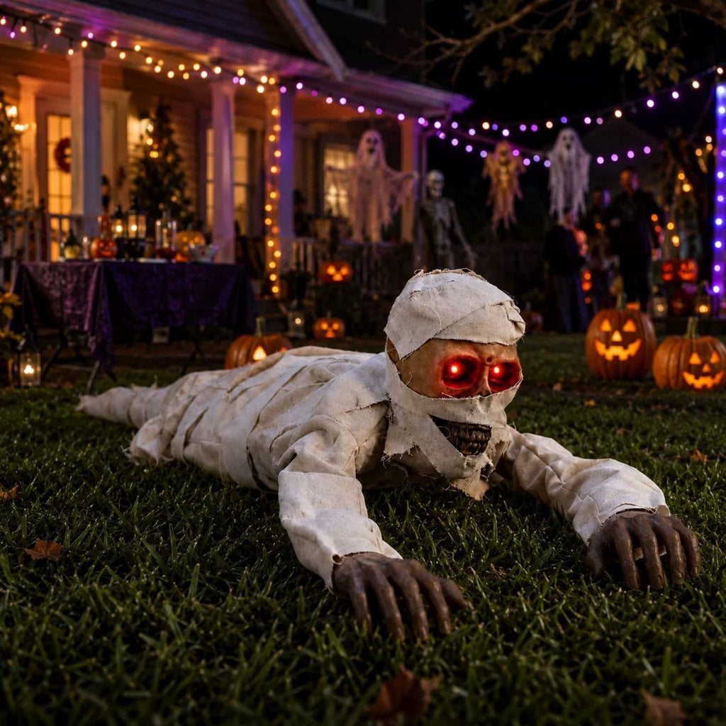 BZPIZ Realistic Skeleton Groundbreaker Halloween Decorations, Crawling Mummy Skull with Light Up LED Red Eyes and Creepy Sound for Graveyard Garden Lawn Indoor & Outdoor
