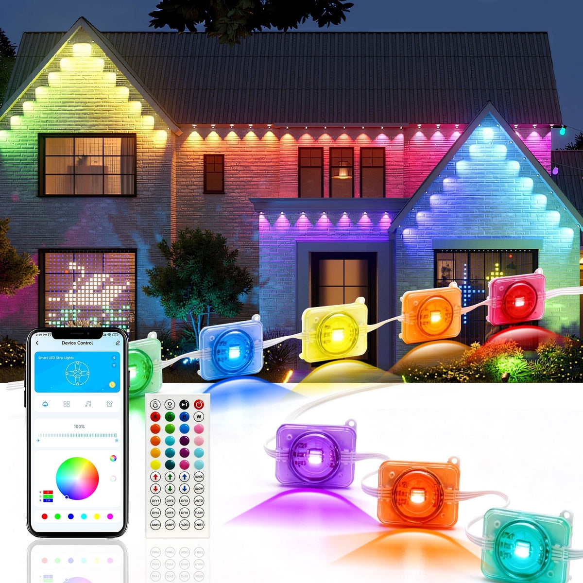 DAYBETTER 200ft Permanent Outdoor Lights, RGB Eaves String Lights with 100LED, Remote/APP Control, IP65 Waterproof, for Garden Halloween Christmas Party Decorations